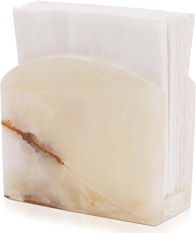 Marble Napkin Holder for Table 6.5 Inch Cream Onyx Stone Organizer for Cocktail Napkins & Tissue Paper – Decorative Napkin Holder for Bathroom, Kitchen Counter, Coffee Bar & Dining Table
