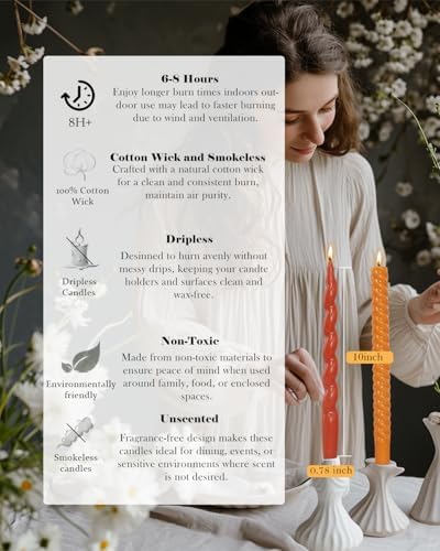 10 Inch Spiral Taper Candles Fall Tapered Candle Smokeless Unscented Candlestick Long Slow Burning 8 Hours Tall Sticks for Christmas Wedding Dinner Parties-4Pack - Image 5