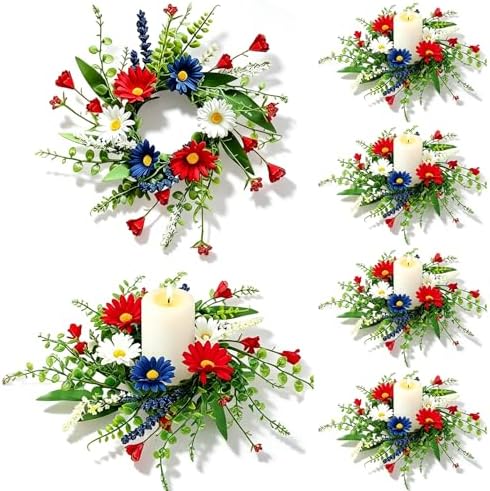 6 PCS Patriotic American Candle Rings Wreaths Artificial 4th of July Floral Candle Rings Holder with Daisy Flowers Mini July Independence Day Wreath for Party Home Table Centerpiece Decor by Unknown