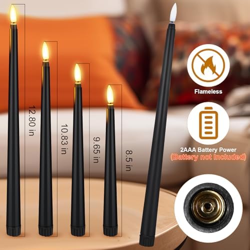 Rossesay 24 Pcs Flameless LED Taper Candles Battery Operated Candle 8.5", 9.65", 10.8", 12.8" Flameless Candlesticks Flickering for Christmas Church Wedding Indoor Decoration(Classic, Black) - Image 4