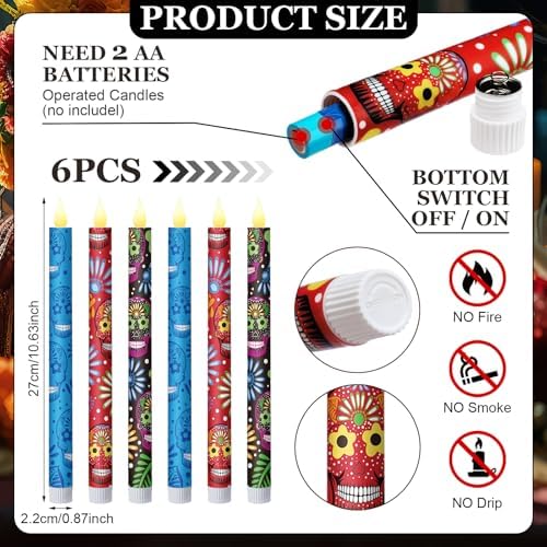 Honoson 6 Pcs Day of the Dead Flameless Taper Candles 10.6 Inch - Image 2