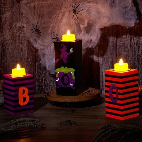 BlcTec Halloween Decorations, 3 PCS Halloween Wood Candle Holders with LED Tea Lights & 3D Carving Craft, Boo Wood Candle Centerpieces for Home, Table, Office, Tiered Tray, Shelf Décor, Witch Color - Image 6
