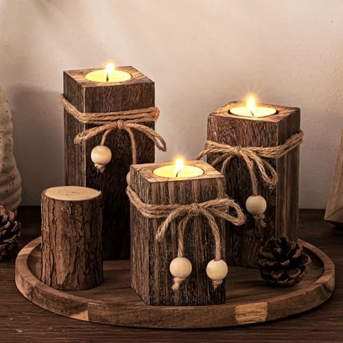 Rustic Wood Candle Holders with Battery Operated Candles Farmhouse Decor 3P by MelonBoat