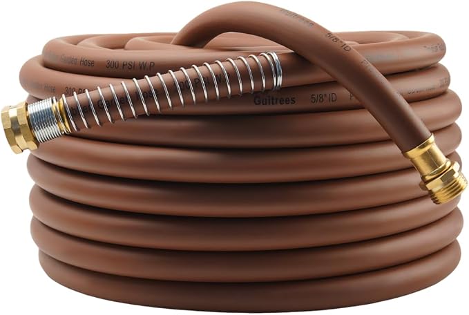 Guitrees Garden Hose 90FT x 5/8", Heavy Duty Rubber Hose, Water Hose with Five Layered Braiding, Male to Female Fittings, 1000PSI Burst, 300PSI Working (Brown)