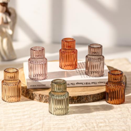 Hewory 6pcs Vintage Colors Glass Taper Candle Holders for Table Centerpiece by Hewory