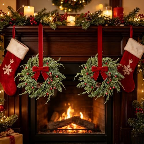 6 PCS Christmas Wreath Candle Rings Wreaths Mini Cedar Candle Holder Rings Artificial Frosted Greenery Cabinet Wreath for Pillar Candles Xmas Farmhouse Home Table Centerpiece Door Mantel Wall Decor - Image 5