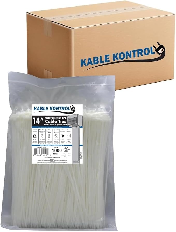 Kable Kontrol Cable Zip Ties Natural White 6,000 Pcs 14 Inch, 50 Lbs Tensile Strength, Bulk Pack, Self-locking Natural Nylon Clear Plastic Wire Ties wraps for Indoor or Outdoor Use