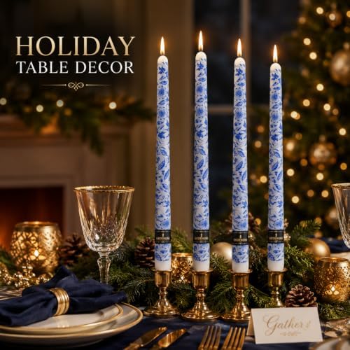 Blue Floral Taper Candles 10in-Chinoiserie Candlesticks for Table Decor - Image 3