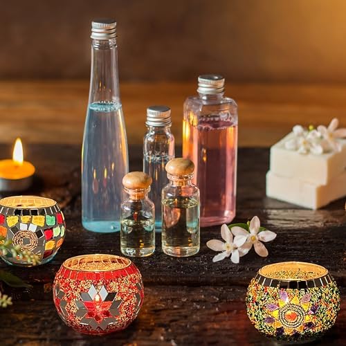 SHMILMH Glass Candle Holder Set of 4, Diwali Gift Votive Candle Holders Handmade Mosaic Glass Tealight Holders Diwali Christmas Table Decorations for Home - Image 5
