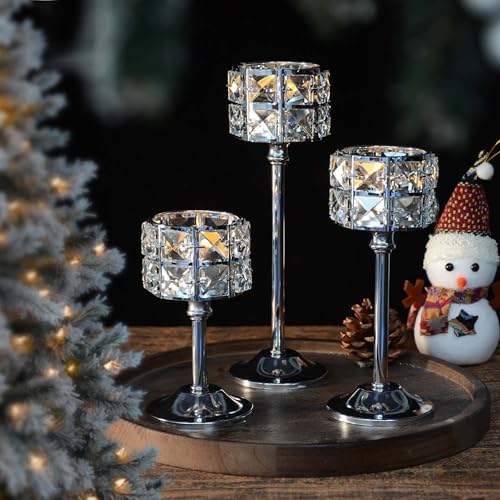 Crystal Metal Candle Holder, Square Crystal Beads Bling Tea Light Candlestick, Tall Votive Candelabra Elegant Centerpiece for Table Wedding Decoration, Home Decor (Silver, Set of 3) by kehail