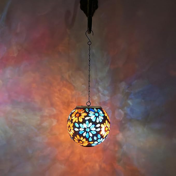 Solar Hanging Lanterns Glass Mosaic Gazing Ball Globe Blue Red Hanging Lantern Lights Outdoor Waterproof for Garden Yard Patio Home Decor (Flowers)