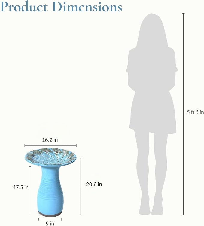 LuxenHome 20.6 Inch Ceramic Bird Bath for Outside, Elegant Tall Outdoor Bird Bath, Lightweight Pedestal Glazed Birdbaths for Outdoors with Leaf Pattern, Sky Blue
