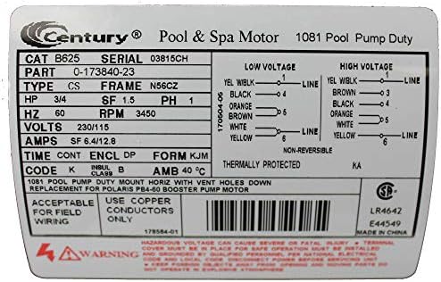 Regal Beloit B625 3/4 Century Pool Cleaner Replacement Pump Motor