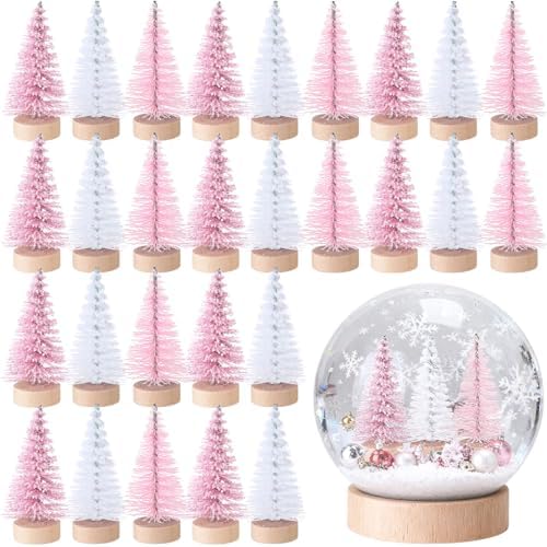 Sumind 96 Pcs Mini Bottle Brush Trees Small Christmas Trees, Pink, White by Sumind