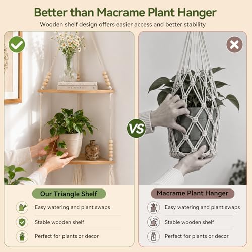 Artilady Macrame Wall Hanging Corner Shelf, Adjust Boho Storage Wall Decor - Image 4