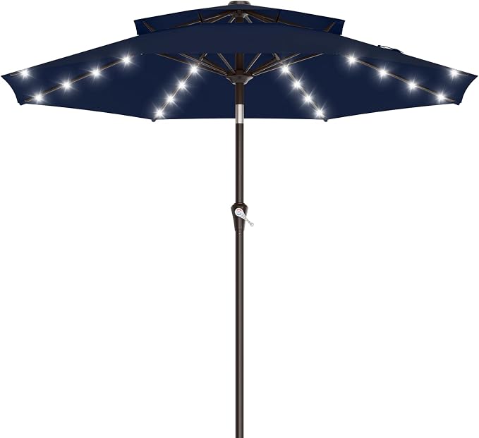 AreShark 9ft 2 Tiers Patio Umbrella with Solar Lights, Outdoor Umbrella w/ 32 LED Lights&8 Sturdy Ribs, Table Umbrella for Deck, Backyard, Pool(Navy)