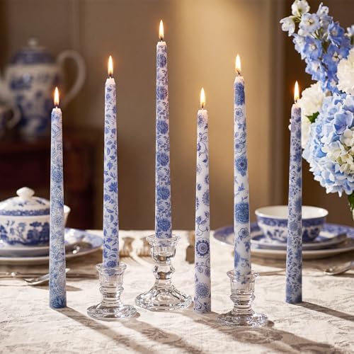 Conelist 6pcs Blue White Floral Taper Candle 9.8" Chinoiserie Candlestick by Conelist