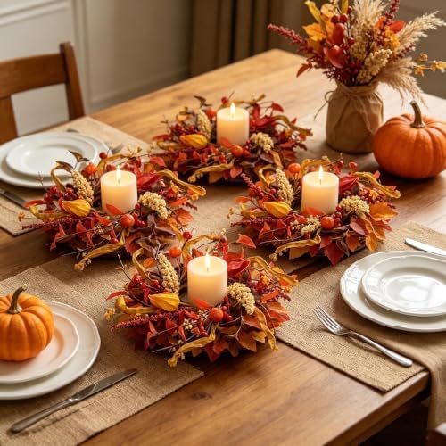 Fall Candle Ring Wreath, Artificial Autumn Berry Grain Candle Holder Wreath, Small Harvest Candle Ring with Red Berries Foliage for Thanksgiving Table Centerpiece Home Decor - Image 2