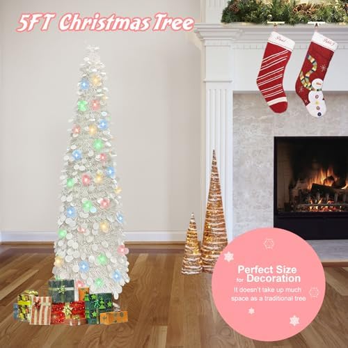 Pop Up Christmas Tree, 5FT Collapsible Artificial Christmas Tree with 90 LED Lights, Tinsel Small Pencil Christmas Tree for Home Holiday Fireplace Party Indoor Outdoor Xmas Decorations (White) - Image 6