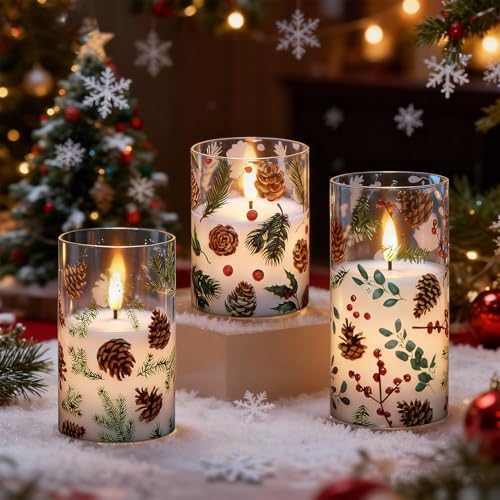 Christmas Pinecone LED Glass Flameless Candles Battery Operated Remote - Image 4