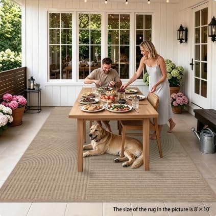 Easy Jute Rug 8x10 Outdoor: Natural Area Rugs for Patio Linen-Look Durable - Neutral Large Washable Carpet for Living Room Bedroom Dining Room Non-Slip - Swirl Curved Pattern