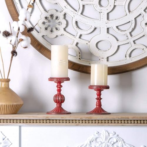 SOFFEE DESIGN 2 Pcs Antique Resin Pillar Candle Holder Sets, Vintage Cylindrical Candlestick Stand Home Decor for Dining, Living Room, Mantel, Table Centerpiece, Retro Red Candleholder Decor - Image 3