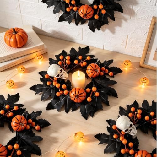 4 PCS Mini Halloween Candle Rings Skeleton Black Maple Leaves Wreaths - Image 2