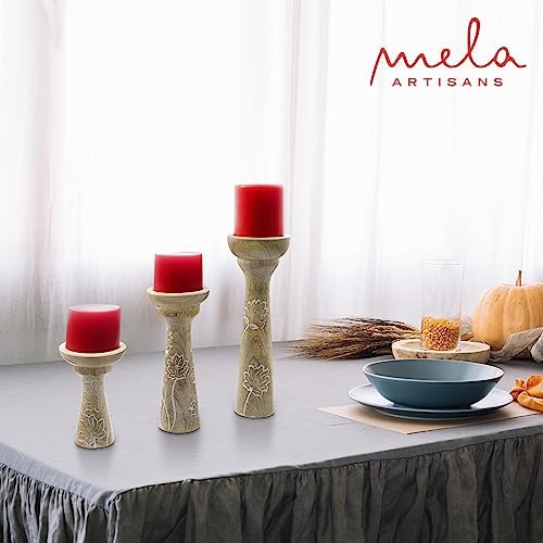 Mela Artisans Lotus Vine Mango Wood Candle Holders - Whitewash, Set of 3 - Image 5