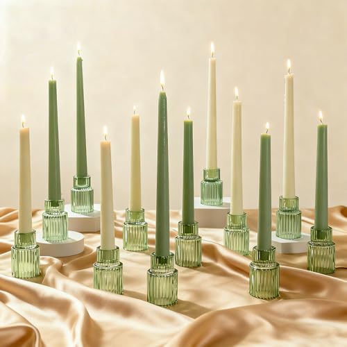 12 Pack Green Glass Taper Candle Holders for Christmas Centerpieces by Unknown