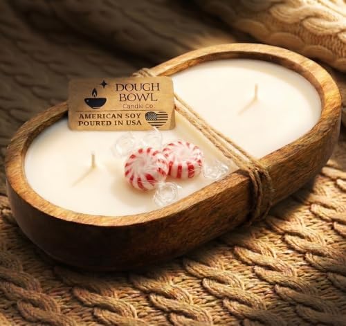 Dough Bowl Candle Co. Peppermint Soy Candle - 3 Wick Rustic Farmhouse Decor Odor Eliminator in Wooden Bowl, 20 Ounce, All-Natural Gift for Women and Men, Coffee Table Decor by Dough+Bowl+Candle+Company