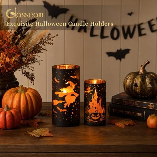 Glasseam Halloween Centerpieces for Tables, 2 Pcs Black Gold Candle Holder - Image 2