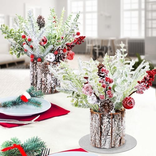 2 Pack Christmas Table Decorations, 14 Inch Christmas Centerpiece Small Potted Christmas Tree, Pine Cones and Berries, Xmas Artificial Plants for Tables, Home, Mantel Holiday Decor by BHLUUIYER