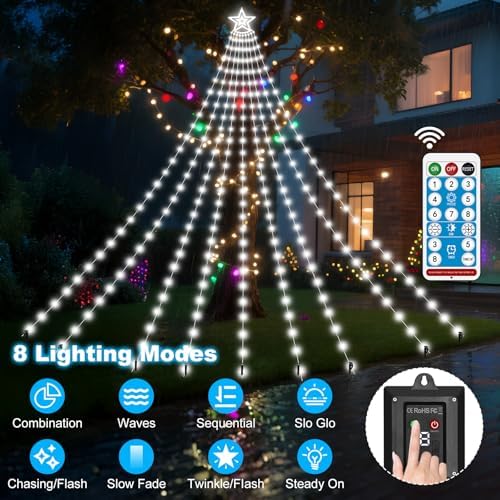 Solar Christmas Decorations Tree Lights Outdoor, 18.37ft 532LED Waterfall String Lights with 8 Modes Timer Remote Xmas Lights USB Powered for Garden Yard Patio Home Holiday Party Decor, Pure White - Image 3
