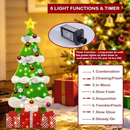 5FT 2D Outdoor Lighted Christmas Tree, 150 LED, 8 Modes（Sphere+Snow） - Image 5