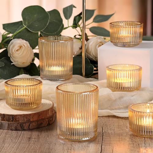 NITIME 20pcs Ribbed Gold Votive Candle Holders, Assorted Tea Light Candle Holder Glass for Wedding Table Decor, Gold Candle Holders for Table Centerpieces, Diwali, Birthday, Party and Holiday Decor - Image 4