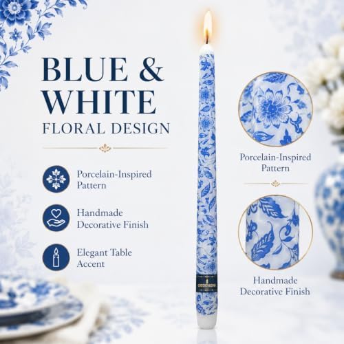 Blue Floral Taper Candles 10in-Chinoiserie Candlesticks for Table Decor - Image 4