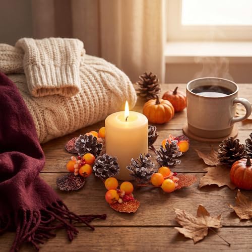 Daifunli 2 Pcs Fall Pillar Berry Candle Ring 3.25 Autumn Maple Pine Cones Acorns Wreath Candles Holder for Thanksgiving Winter Christmas Rustic Table Centerpiece Mantel Door Decor - Image 4