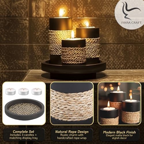 IYARA CRAFT Candleholder Set with Tray, Set of 3 Rustic Black Wooden Tealight Candle Holders with Natural Rope Accent, Coffee Table Centerpiece, Farmhouse Home Decor, Housewarming - Image 6