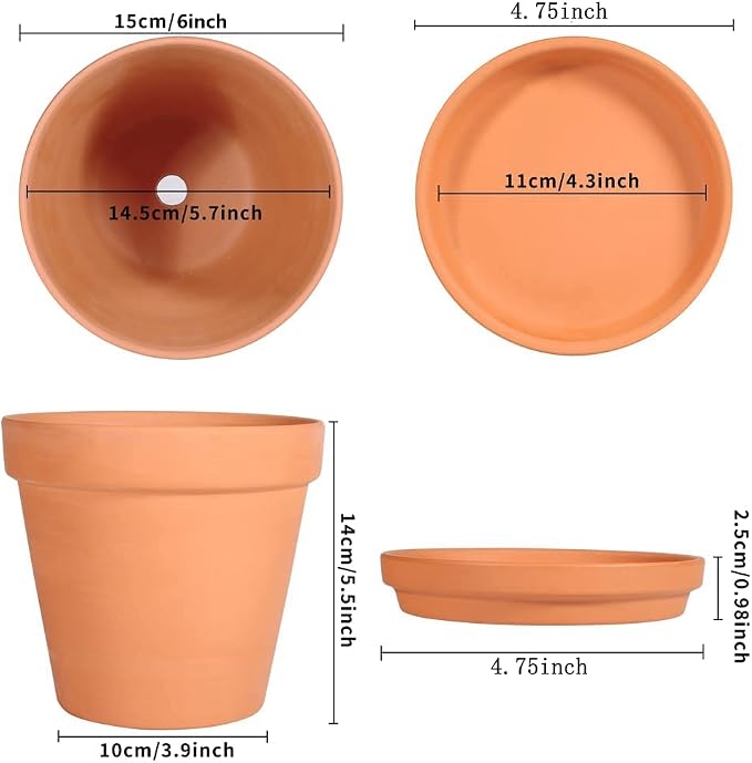 6 Inch Clay Pot for Plant with Saucer, Flower Pot with Tray, 8 Pack Small Terra Cotta Plant Pot with Drainage Hole, Great for Plants, DIY Crafts, Wedding Favor (6inch 8pack)