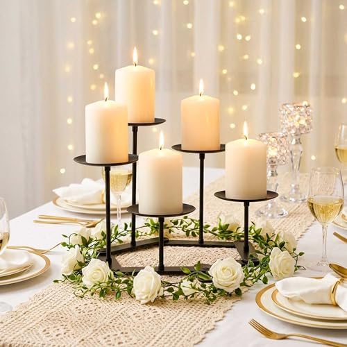 Adjustable 5-Pillar Metal Candelabra, Matte Black Candle Holder - Image 2