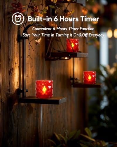 Homemory 2" Red Acrylic Votive Candle & Holders with Auto Timer, 6 Pack - Image 3