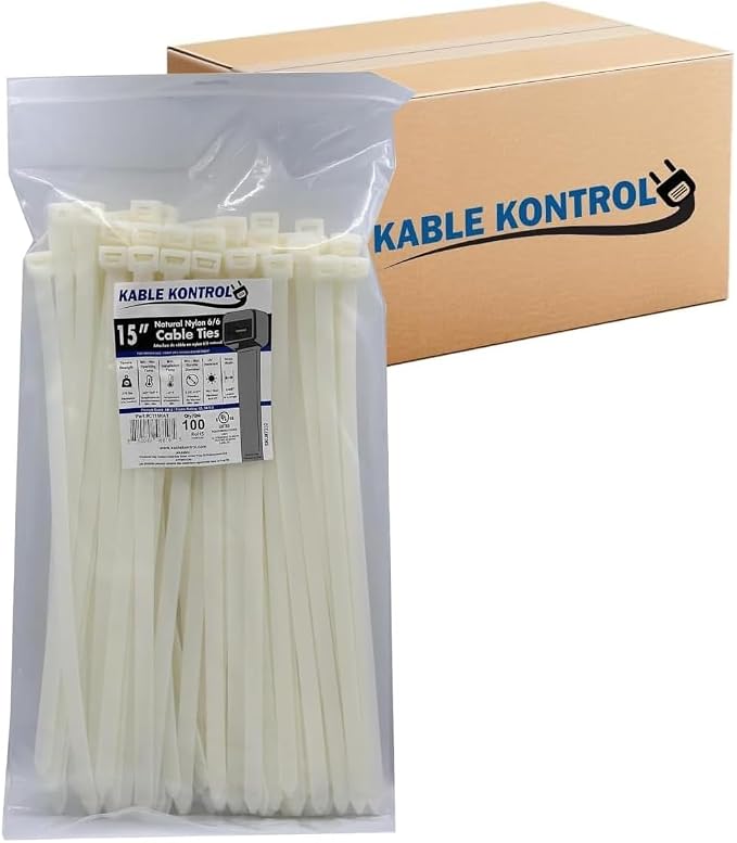 Kable Kontrol Cable Zip Ties Natural White 1,500 Pcs 15 Inch, 250 Lbs Tensile Strength, Bulk Pack, Self-locking Natural Nylon Clear Plastic Wire Ties wraps for Indoor or Outdoor Use