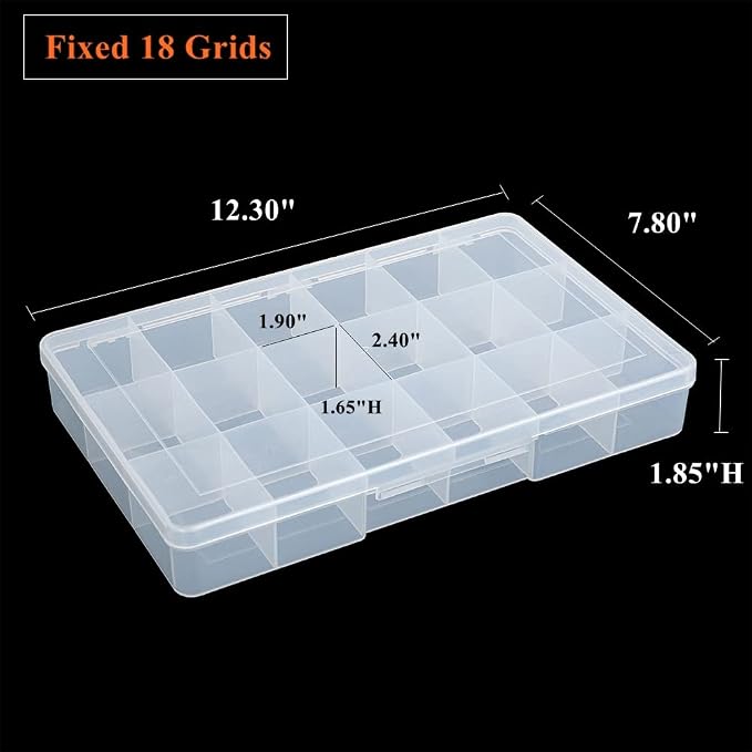 2 Pack Fixed 18 Grids Clear Plastic Compartment Container Case, Transparent Organizer Storage Divider Box with Lid for Bead, Button, Hardware, Screw, Sewing Kit, Craft Supplies