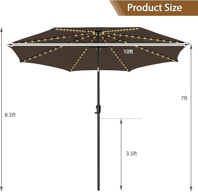HAPPYGRILL 10 FT Solar Patio Umbrella with 112 LED Light, Outdoor Umbrella with Tilt Adjustment, Crank System, 8 Metal Ribs & Vented Top, Deck Table Market Umbrella for Garden Pool Deck Yard