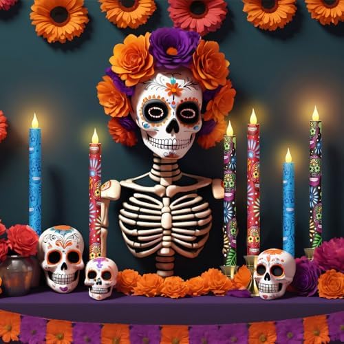 Honoson 6 Pcs Day of the Dead Flameless Taper Candles 10.6 Inch - Image 3