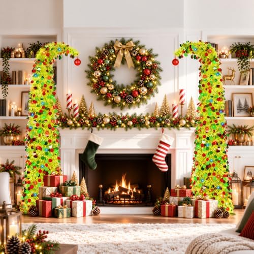 5ft Whimsical Pop Up Christmas Tree with 100 Lights, Lime Green Curved Top Collapsible Tinsel Christmas Tree with Ball Ornaments for Fireplace Porch Corner Apartment Home Indoor Holiday Party Decor - Image 6