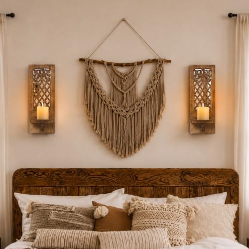 Wooden Wall Candle Sconces with Mirror, Pack of 2-16 Inch Handcrafted Rustic Carved Jharokha Style Décor, for Farmhouse, Vintage, Halloween & Festive Home Decoration - Burnt Finish - Image 6