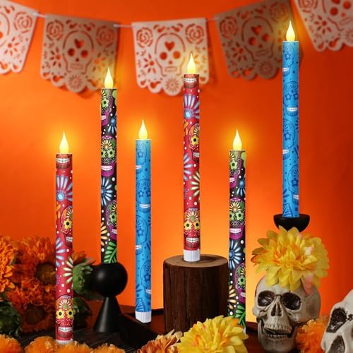 Honoson 6 Pcs Day of the Dead Flameless Taper Candles 10.6 Inch by Honoson