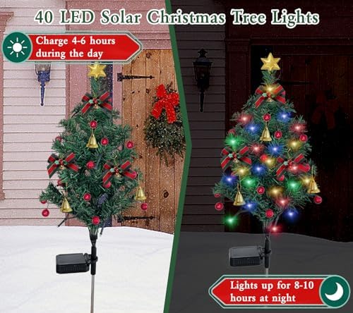 2 Set Solar Christmas Tree Lights Decorations Outdoor Waterproof, 40 LED Lights Christmas Solar Stake Lights Cemetery Christmas Tree for Grave Pathway Outside Garden Yard Lawn - Image 2