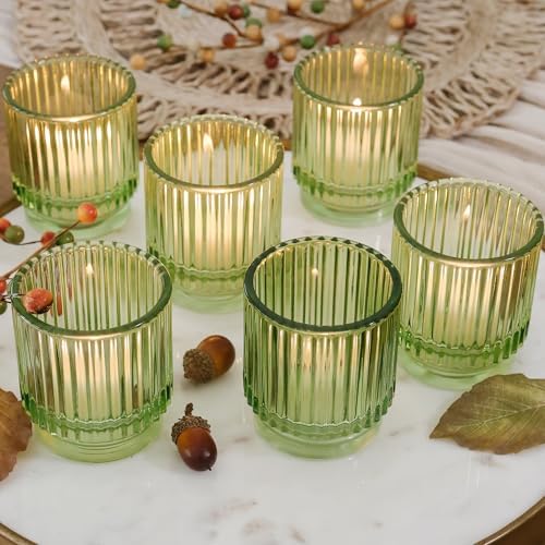 Kate Aspen Vintage Ribbed Glass Candle Holder Decor, Green Votive Candle Holders for Holiday Table Decor, Tealight Candles Holder Glass (Set of 6), Dinning & Christmas Table Decoration Tablescape by KateAspen